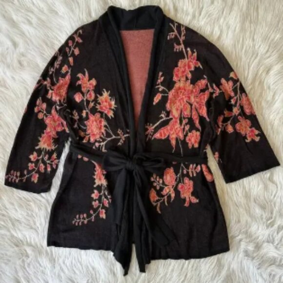 Peruvian Connection Belted Floral Cardigan Pima Cotton Modal Sweater - Picture 1 of 6